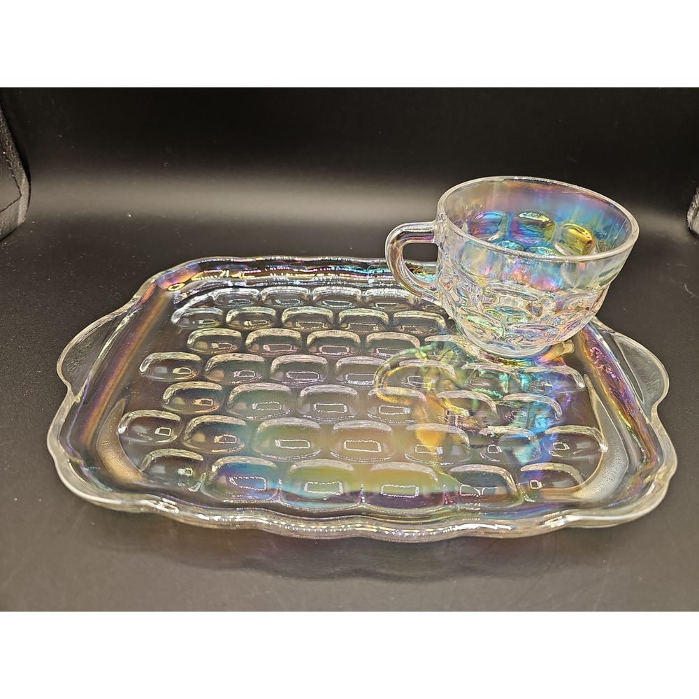 Vintage Federal Iridescent Glass Yorktown Thumbprint Sip & Snack Plate & Cup Set